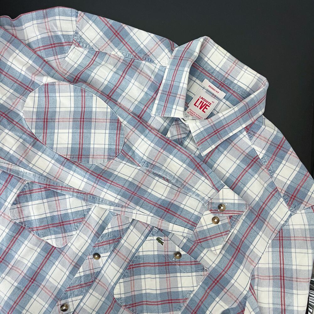 Lacoste Live Shirt Mens 42 Blue Plaid Skinny Fit Elbow Patch Button Up Preppy